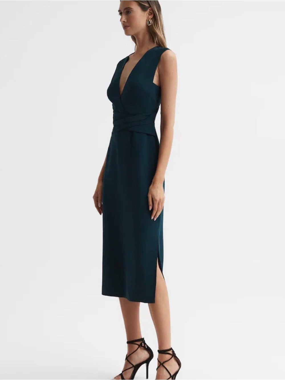 Reiss Deep Teal V-Neck Fitted Wrap Midi Dress - Picture 4 of 8